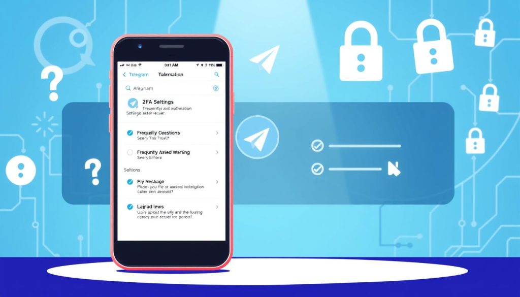 A visually engaging illustration depicting common issues and solutions related to two-factor authentication (2FA) on Telegram. In the foreground, feature a smartphone displaying the Telegram app interface, with a focus on the 2FA settings screen. In the middle ground, include graphical elements such as question marks and checklist items symbolizing frequently asked questions, set against a soft blue gradient that conveys security and trust. In the background, subtly integrate abstract digital elements, like circuitry or locks, to emphasize the theme of cybersecurity. The lighting should be bright and inviting, with a slight spotlight effect on the smartphone to draw attention. The overall mood is informative and reassuring, ideal for a tech-savvy audience seeking guidance on securing their accounts. A visually engaging illustration depicting common issues and solutions related to two-factor authentication (2FA) on Telegram. In the foreground, feature a smartphone displaying the Telegram app interface, with a focus on the 2FA settings screen. In the middle ground, include graphical elements such as question marks and checklist items symbolizing frequently asked questions, set against a soft blue gradient that conveys security and trust. In the background, subtly integrate abstract digital elements, like circuitry or locks, to emphasize the theme of cybersecurity. The lighting should be bright and inviting, with a slight spotlight effect on the smartphone to draw attention. The overall mood is informative and reassuring, ideal for a tech-savvy audience seeking guidance on securing their accounts.