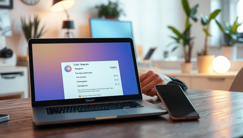 A visually engaging workspace scene focused on setting up two-factor authentication for Telegram. In the foreground, a laptop screen displays a vibrant interface of the Telegram app showing the two-step verification settings. A smartphone rests next to it, illustrating the connection between devices. The middle layer features a person's hands, dressed in professional business attire, typing on the laptop with attention and concentration. In the background, a softly illuminated room with a modern desk, houseplants, and a neatly organized workspace enhances the atmosphere. The lighting is warm and inviting, creating a sense of productivity and security. The angle is slightly elevated, providing a clear view of both devices while maintaining an organized and clean aesthetic. A visually engaging workspace scene focused on setting up two-factor authentication for Telegram. In the foreground, a laptop screen displays a vibrant interface of the Telegram app showing the two-step verification settings. A smartphone rests next to it, illustrating the connection between devices. The middle layer features a person's hands, dressed in professional business attire, typing on the laptop with attention and concentration. In the background, a softly illuminated room with a modern desk, houseplants, and a neatly organized workspace enhances the atmosphere. The lighting is warm and inviting, creating a sense of productivity and security. The angle is slightly elevated, providing a clear view of both devices while maintaining an organized and clean aesthetic.
