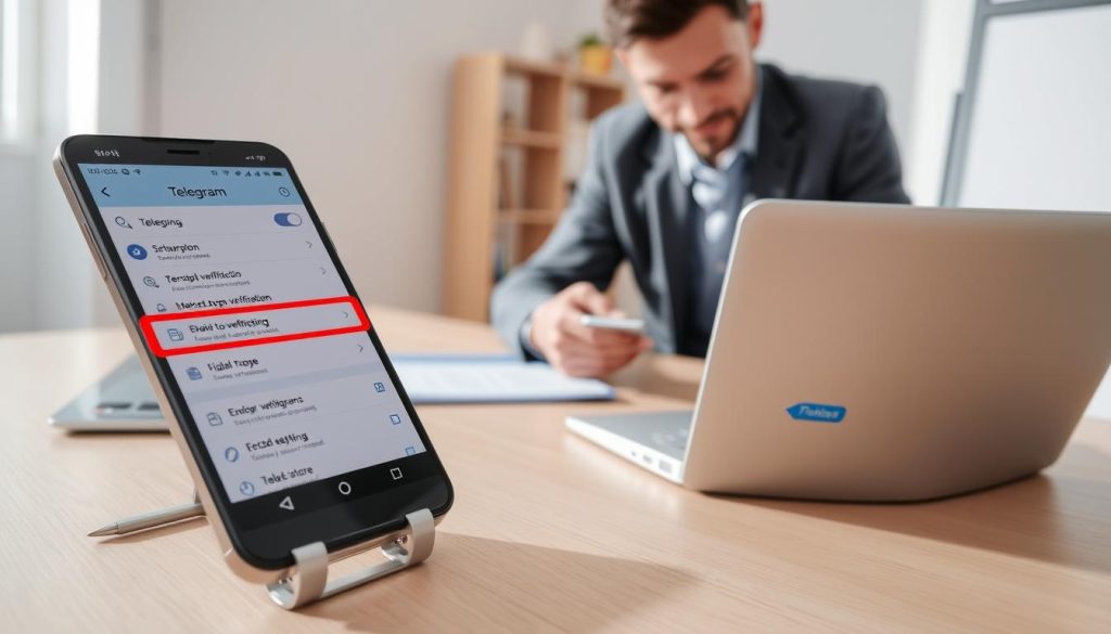 A visually instructive scene illustrating the steps for setting up two-step verification on Telegram. In the foreground, a modern smartphone displays the Telegram app's security settings, with highlighted options for enabling two-step verification. Next to the phone is a well-organized desk with a laptop open, showing the Telegram website. The middle ground features a person, a professional individual in smart business attire, attentively reviewing the phone, highlighting a focused and engaged mood. The background includes a softly lit room with a bookshelf and minimalistic decor, creating a calm and tech-savvy atmosphere. The lighting is bright and natural, casting subtle shadows to emphasize the action. The angle is slightly top-down, capturing the desk and the professional’s engagement with the technology. A visually instructive scene illustrating the steps for setting up two-step verification on Telegram. In the foreground, a modern smartphone displays the Telegram app's security settings, with highlighted options for enabling two-step verification. Next to the phone is a well-organized desk with a laptop open, showing the Telegram website. The middle ground features a person, a professional individual in smart business attire, attentively reviewing the phone, highlighting a focused and engaged mood. The background includes a softly lit room with a bookshelf and minimalistic decor, creating a calm and tech-savvy atmosphere. The lighting is bright and natural, casting subtle shadows to emphasize the action. The angle is slightly top-down, capturing the desk and the professional’s engagement with the technology.
