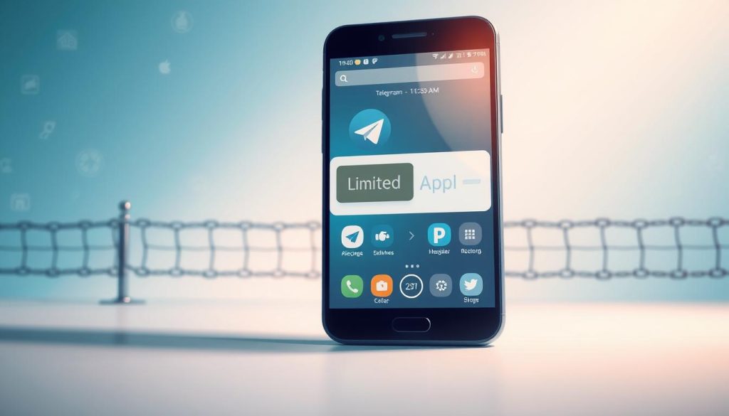 A visually striking illustration representing the concept of "free version restrictions" in a tech context. In the foreground, depict a large smartphone displaying the Telegram app interface, showing a simplified version with icons marked as "limited" in an overlay. In the middle ground, include abstract representations of barriers or obstacles such as subtle chains or fences, symbolizing restrictions. The background features a soft gradient of blues and whites, suggesting a digital environment, with faint circuit patterns to enhance the tech theme. Use soft, diffused lighting to create a modern and approachable atmosphere, with a slight tilt from a low angle to emphasize the smartphone, providing depth and focus on the app's limitations. A visually striking illustration representing the concept of "free version restrictions" in a tech context. In the foreground, depict a large smartphone displaying the Telegram app interface, showing a simplified version with icons marked as "limited" in an overlay. In the middle ground, include abstract representations of barriers or obstacles such as subtle chains or fences, symbolizing restrictions. The background features a soft gradient of blues and whites, suggesting a digital environment, with faint circuit patterns to enhance the tech theme. Use soft, diffused lighting to create a modern and approachable atmosphere, with a slight tilt from a low angle to emphasize the smartphone, providing depth and focus on the app's limitations.