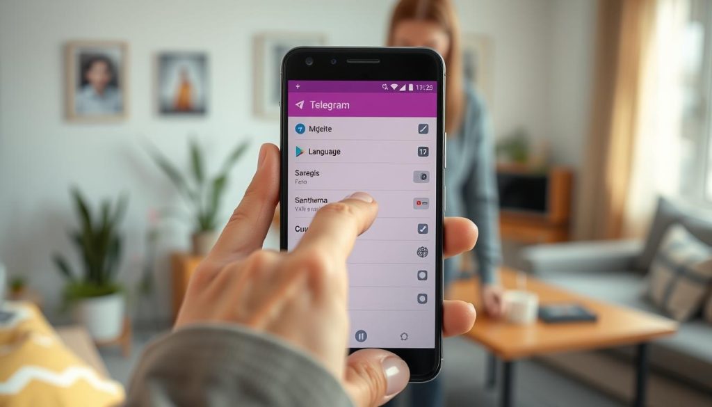 An Android smartphone displaying the Telegram app’s language settings interface, prominently featuring the icons and options related to language selection. The foreground showcases a close-up view of the app's settings screen, emphasizing the clarity of the interface with vibrant colors that reflect the app's design. The middle layer includes a hand reaching towards the screen, tapping on the language selection menu, dressed in casual, modest clothing. The background subtly blurs a cozy, well-lit living space with a desk and decorative plants, enhancing the inviting atmosphere. Warm, natural light filters in from a nearby window, creating a sense of clarity and focus. The overall mood is informative and engaging, capturing the essence of adjusting settings seamlessly. An Android smartphone displaying the Telegram app’s language settings interface, prominently featuring the icons and options related to language selection. The foreground showcases a close-up view of the app's settings screen, emphasizing the clarity of the interface with vibrant colors that reflect the app's design. The middle layer includes a hand reaching towards the screen, tapping on the language selection menu, dressed in casual, modest clothing. The background subtly blurs a cozy, well-lit living space with a desk and decorative plants, enhancing the inviting atmosphere. Warm, natural light filters in from a nearby window, creating a sense of clarity and focus. The overall mood is informative and engaging, capturing the essence of adjusting settings seamlessly.