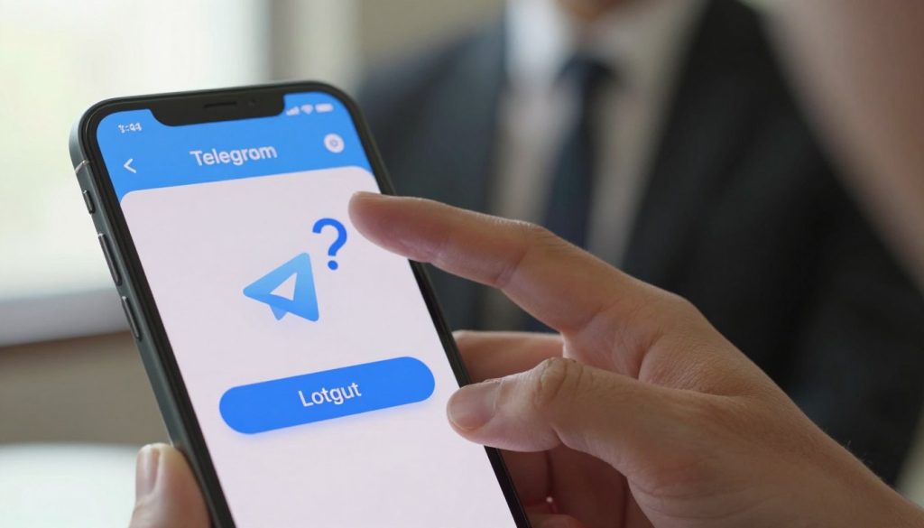 特写镜头展现了一部智能手机,屏幕上显示着 Telegram 应用界面,画面中人物正为登出问题而苦恼。前景中,手机屏幕上醒目地显示着“登出”按钮,周围环绕着一条含义不明的错误信息,或许还带有一个动画问号以示强调。中景中,一只身着职业装的手犹豫地悬停在屏幕上方,流露出沮丧之情。背景是柔和的室内场景,附近窗户透出的温暖光线营造出一种平静的氛围,与手机令人困惑的状态形成鲜明对比。整体氛围在专业性和一丝担忧之间取得了平衡,有效地突出了 Telegram 登出问题的困惑,而无需任何文字或水印。 特写镜头展现了一部智能手机,屏幕上显示着 Telegram 应用界面,画面中人物正为登出问题而苦恼。前景中,手机屏幕上醒目地显示着“登出”按钮,周围环绕着一条含义不明的错误信息,或许还带有一个动画问号以示强调。中景中,一只身着职业装的手犹豫地悬停在屏幕上方,流露出沮丧之情。背景是柔和的室内场景,附近窗户透出的温暖光线营造出一种平静的氛围,与手机令人困惑的状态形成鲜明对比。整体氛围在专业性和一丝担忧之间取得了平衡,有效地突出了 Telegram 登出问题的困惑,而无需任何文字或水印。