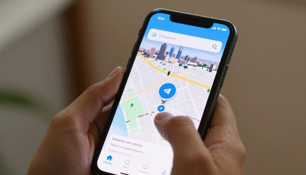 A close-up scene showcasing a person using an iPhone with the Telegram app open, displaying the location sharing feature on a map. The foreground features the hand of a user, elegantly tapping on the screen, which lights up with a vibrant map interface. In the middle, the iPhone screen should show distinct markers and GPS symbols, with a clear view of a familiar area in the background, hinting at a cityscape with recognizable landmarks. Soft, natural lighting should illuminate the scene, creating a warm, inviting atmosphere. The focus should be sharp on the phone while the background gently blurs, ensuring the viewer's attention remains on the device and the map interface. The mood should convey a sense of connection and convenience in sharing location information with friends. A close-up scene showcasing a person using an iPhone with the Telegram app open, displaying the location sharing feature on a map. The foreground features the hand of a user, elegantly tapping on the screen, which lights up with a vibrant map interface. In the middle, the iPhone screen should show distinct markers and GPS symbols, with a clear view of a familiar area in the background, hinting at a cityscape with recognizable landmarks. Soft, natural lighting should illuminate the scene, creating a warm, inviting atmosphere. The focus should be sharp on the phone while the background gently blurs, ensuring the viewer's attention remains on the device and the map interface. The mood should convey a sense of connection and convenience in sharing location information with friends.