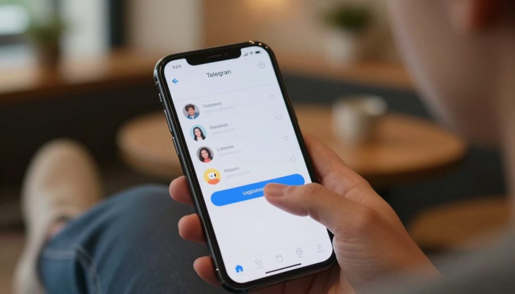 A close-up view of a smartphone screen displaying the Telegram app interface, prominently featuring the logout option. The foreground should capture the phone held in a person’s hand, wearing a smart casual outfit, with fingers poised over the screen, indicating intention to log out. In the middle ground, softly blurred icons of personal messages or group chats can be glimpsed, adding context without distraction. The background should depict a cozy indoor setting, like a home office or a cafe, with warm, ambient lighting that creates a relaxed atmosphere. The overall mood should convey a sense of contemplation and ease, emphasizing the importance of securely managing app settings. No text or overlays are included. A close-up view of a smartphone screen displaying the Telegram app interface, prominently featuring the logout option. The foreground should capture the phone held in a person’s hand, wearing a smart casual outfit, with fingers poised over the screen, indicating intention to log out. In the middle ground, softly blurred icons of personal messages or group chats can be glimpsed, adding context without distraction. The background should depict a cozy indoor setting, like a home office or a cafe, with warm, ambient lighting that creates a relaxed atmosphere. The overall mood should convey a sense of contemplation and ease, emphasizing the importance of securely managing app settings. No text or overlays are included.