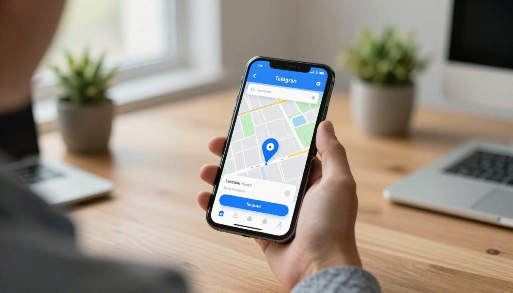 A close-up view of a smartphone screen displaying the Telegram app's location sharing feature. The phone is held by a person in professional casual attire, sitting at a wooden desk. The screen shows a map with a pin indicating a specific location, surrounded by icons for sharing options. In the background, soft natural light filters through a window, creating a warm and inviting atmosphere. The background is decorated with a few potted plants and a minimalistic workspace to convey a modern and organized look. Capture the detail of the smartphone's interface, focusing on clarity and the ease of the location sharing process. The overall mood should be informative and tech-savvy, emphasizing communication and connectivity. A close-up view of a smartphone screen displaying the Telegram app's location sharing feature. The phone is held by a person in professional casual attire, sitting at a wooden desk. The screen shows a map with a pin indicating a specific location, surrounded by icons for sharing options. In the background, soft natural light filters through a window, creating a warm and inviting atmosphere. The background is decorated with a few potted plants and a minimalistic workspace to convey a modern and organized look. Capture the detail of the smartphone's interface, focusing on clarity and the ease of the location sharing process. The overall mood should be informative and tech-savvy, emphasizing communication and connectivity.