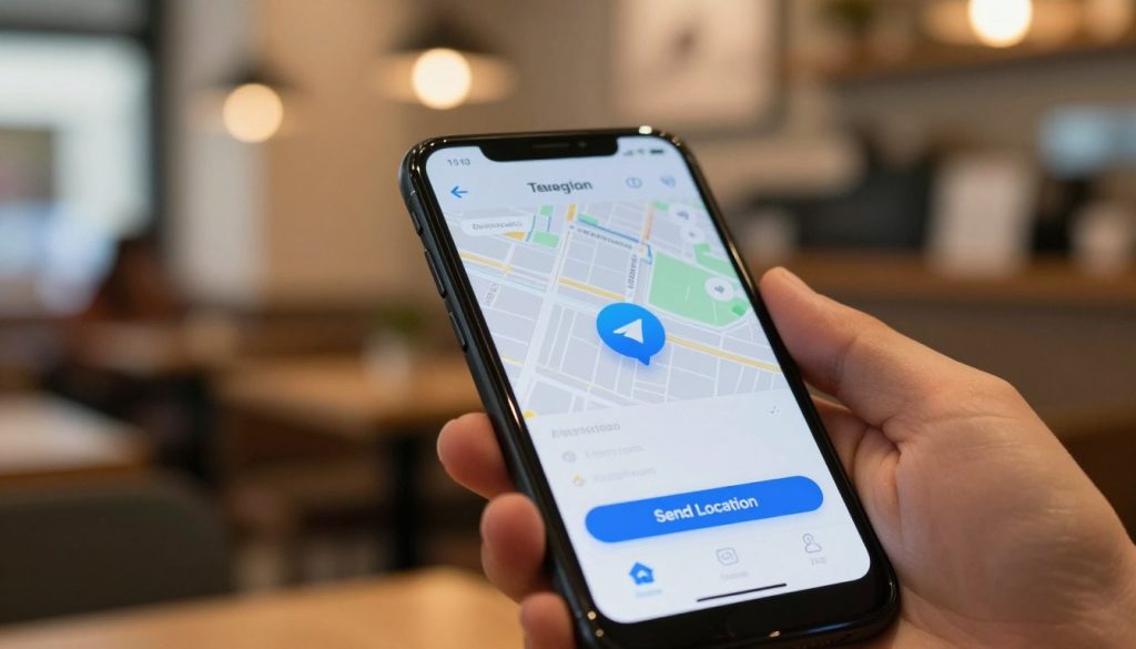 A close-up view of an Android smartphone screen displaying the Telegram app's location-sharing feature. In the foreground, there is a hand holding the phone, showcasing the intuitive interface with a clear map and a "Send Location" button highlighted. The middle ground features a blurred background of a casual indoor setting, such as a cozy café with soft lighting, suggesting a relaxed atmosphere. The lighting is warm and inviting, with a soft focus that emphasizes the phone while creating a harmonious ambiance. Accentuate the depth of field to draw attention to the smartphone while keeping the surroundings subtly defined, conveying a sense of modern communication. A close-up view of an Android smartphone screen displaying the Telegram app's location-sharing feature. In the foreground, there is a hand holding the phone, showcasing the intuitive interface with a clear map and a "Send Location" button highlighted. The middle ground features a blurred background of a casual indoor setting, such as a cozy café with soft lighting, suggesting a relaxed atmosphere. The lighting is warm and inviting, with a soft focus that emphasizes the phone while creating a harmonious ambiance. Accentuate the depth of field to draw attention to the smartphone while keeping the surroundings subtly defined, conveying a sense of modern communication.