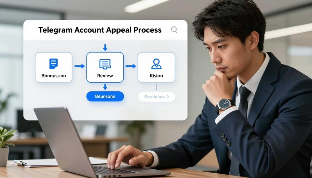 A detailed illustration of the "Telegram Account Appeal Process". In the foreground, depict a professional individual in business attire, thoughtfully navigating a laptop with a focused expression as they complete the appeal process. In the middle, display a clear and organized flowchart outlining the steps involved, including icons representing each stage (like submission, review, and resolution) connected by arrows. In the background, softly blurred elements suggest a modern office setting, with warm lighting to create an inviting atmosphere. The overall mood should be one of diligence and clarity, highlighting the importance of each step in the appeal process. Ensure no text or overlays are present in the image. A detailed illustration of the "Telegram Account Appeal Process". In the foreground, depict a professional individual in business attire, thoughtfully navigating a laptop with a focused expression as they complete the appeal process. In the middle, display a clear and organized flowchart outlining the steps involved, including icons representing each stage (like submission, review, and resolution) connected by arrows. In the background, softly blurred elements suggest a modern office setting, with warm lighting to create an inviting atmosphere. The overall mood should be one of diligence and clarity, highlighting the importance of each step in the appeal process. Ensure no text or overlays are present in the image.