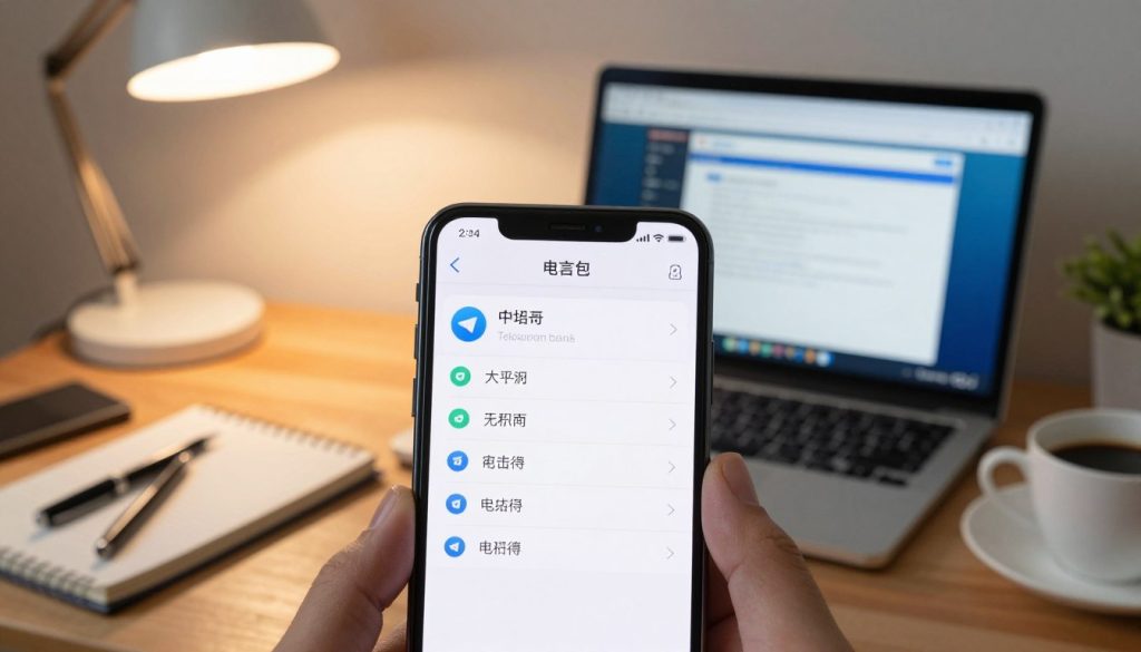 A detailed scene illustrating the installation process of the Telegram Chinese language pack on an Android phone. In the foreground, a close-up of a modern smartphone displaying the Telegram app interface with the language settings menu opened, clearly indicating the Chinese option. The middle ground features an organized workspace with a laptop showing a tutorial webpage and tools like a notepad, pen, and a cup of coffee. In the background, a soft-focus of a cozy home office with warm lighting emanating from a desk lamp, giving a welcoming atmosphere. The overall mood should reflect a busy yet productive environment, focused on technology and communication. Ensure the image is clean and professional without any logos, captions, or distractions. A detailed scene illustrating the installation process of the Telegram Chinese language pack on an Android phone. In the foreground, a close-up of a modern smartphone displaying the Telegram app interface with the language settings menu opened, clearly indicating the Chinese option. The middle ground features an organized workspace with a laptop showing a tutorial webpage and tools like a notepad, pen, and a cup of coffee. In the background, a soft-focus of a cozy home office with warm lighting emanating from a desk lamp, giving a welcoming atmosphere. The overall mood should reflect a busy yet productive environment, focused on technology and communication. Ensure the image is clean and professional without any logos, captions, or distractions.
