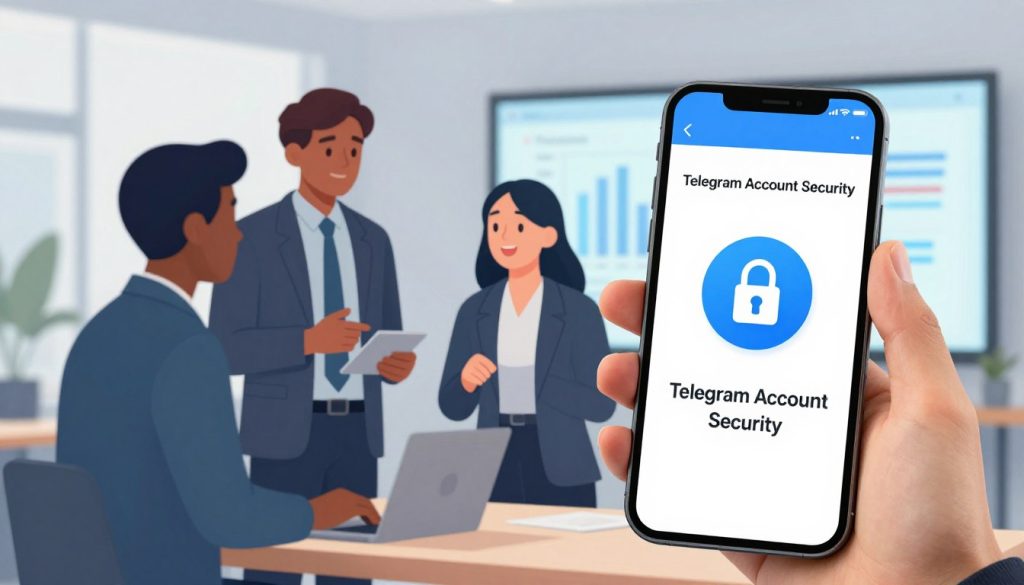 A digital illustration focusing on "Telegram Account Security." In the foreground, depict a secure smartphone displaying the Telegram app with a strong lock symbol on the screen, symbolizing account protection. In the middle ground, include a diverse group of three professionals (two men and one woman) dressed in business attire, engaged in a discussion about online security measures, with one pointing towards the smartphone. The background features a modern office setting with subtle elements related to cybersecurity, like a large screen displaying privacy charts. The lighting is bright and optimistic, suggesting a proactive approach to security. Use a wide-angle perspective to create depth and highlight the collaborative atmosphere of the scene. A digital illustration focusing on "Telegram Account Security." In the foreground, depict a secure smartphone displaying the Telegram app with a strong lock symbol on the screen, symbolizing account protection. In the middle ground, include a diverse group of three professionals (two men and one woman) dressed in business attire, engaged in a discussion about online security measures, with one pointing towards the smartphone. The background features a modern office setting with subtle elements related to cybersecurity, like a large screen displaying privacy charts. The lighting is bright and optimistic, suggesting a proactive approach to security. Use a wide-angle perspective to create depth and highlight the collaborative atmosphere of the scene.