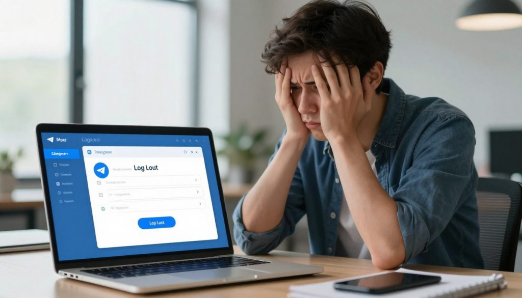A digital workspace scene showing a frustrated user sitting at a desk with a laptop open displaying the Telegram app's account settings. The foreground features a focused view of the laptop screen, highlighting the "Log Out" option in the app, with visual elements like a loading wheel suggesting difficulties in logging out. The middle ground includes the user, a person in smart casual attire, visibly perplexed, resting their chin on one hand, gazing at the screen with a worried expression. The background features a softly blurred modern office environment with light coming from a large window, creating a subdued yet professional atmosphere. The overall mood reflects a sense of concern and confusion, emphasizing the struggle of not being able to log out from Telegram. A digital workspace scene showing a frustrated user sitting at a desk with a laptop open displaying the Telegram app's account settings. The foreground features a focused view of the laptop screen, highlighting the "Log Out" option in the app, with visual elements like a loading wheel suggesting difficulties in logging out. The middle ground includes the user, a person in smart casual attire, visibly perplexed, resting their chin on one hand, gazing at the screen with a worried expression. The background features a softly blurred modern office environment with light coming from a large window, creating a subdued yet professional atmosphere. The overall mood reflects a sense of concern and confusion, emphasizing the struggle of not being able to log out from Telegram.