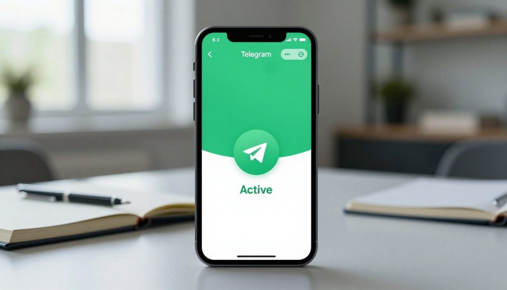 这幅数字设计场景以一部智能手机为中心,屏幕上显示着 Telegram 应用界面,并以鲜艳的绿色强调用户活跃状态,代表“在线”。智能手机位于画面前景中央,背景虚化,营造出温馨的家庭办公环境,柔和的自然光线透过窗户洒入室内。整体色调偏冷,给人以平静而专业的感受。桌面上摆放着笔记本和钢笔等精致的物品,营造出舒适的工作氛围。画面巧妙地融合了现代数字科技与一丝温暖,强调了保持账户活跃的重要性,且没有任何文字或可见的标志。 这幅数字设计场景以一部智能手机为中心,屏幕上显示着 Telegram 应用界面,并以鲜艳的绿色强调用户活跃状态,代表“在线”。智能手机位于画面前景中央,背景虚化,营造出温馨的家庭办公环境,柔和的自然光线透过窗户洒入室内。整体色调偏冷,给人以平静而专业的感受。桌面上摆放着笔记本和钢笔等精致的物品,营造出舒适的工作氛围。画面巧妙地融合了现代数字科技与一丝温暖,强调了保持账户活跃的重要性,且没有任何文字或可见的标志。