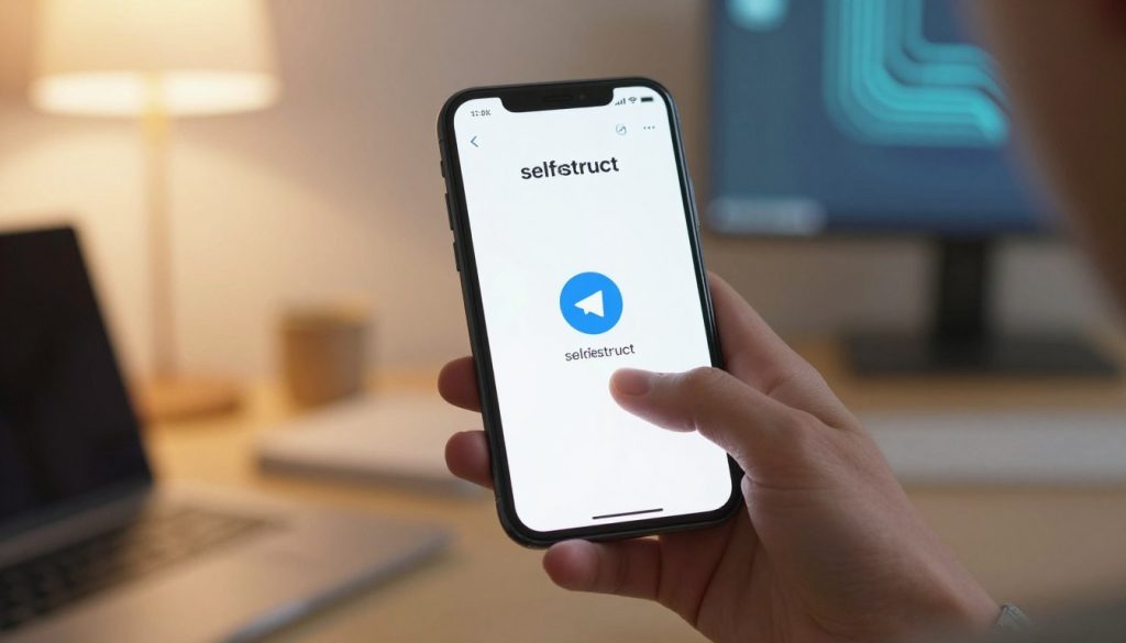 A sleek mobile phone displays the Telegram app interface, with the "self-destruct" feature prominently showcased. In the foreground, focus on a hand gently swiping on the screen, highlighting a countdown timer for the disappearing messages. The middle ground features a slightly blurred view of a cozy workspace with soft, warm lighting, creating an inviting atmosphere. The background includes a subtle hint of abstract tech elements, like circuit patterns or digital waves, to emphasize the modern, digital theme. The overall mood is professional yet approachable, capturing the essence of secure communication. Use a shallow depth of field for emphasis on the phone while maintaining clarity around the surrounding environment.
