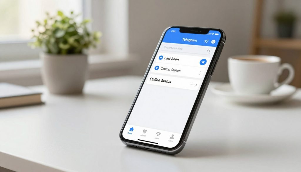 简洁现代的 Telegram 应用界面,重点展示在线状态设置。前景中,一部智能手机静静地躺在干净的极简主义桌面上,屏幕上显示着 Telegram 设置菜单,其中“最后上线时间”和“在线状态”等选项被高亮显示。中景采用柔焦背景,营造出温馨舒适的工作氛围,包括一盆绿植和一个精致的咖啡杯。明亮柔和的自然光线,仿佛透过附近的窗户洒进阳光明媚的户外。整体氛围既专业又亲切,强调了在数字时代管理个人在线形象的重要性。画面中没有任何文字或其他元素,完全聚焦于应用界面及其设置。 简洁现代的 Telegram 应用界面,重点展示在线状态设置。前景中,一部智能手机静静地躺在干净的极简主义桌面上,屏幕上显示着 Telegram 设置菜单,其中“最后上线时间”和“在线状态”等选项被高亮显示。中景采用柔焦背景,营造出温馨舒适的工作氛围,包括一盆绿植和一个精致的咖啡杯。明亮柔和的自然光线,仿佛透过附近的窗户洒进阳光明媚的户外。整体氛围既专业又亲切,强调了在数字时代管理个人在线形象的重要性。画面中没有任何文字或其他元素,完全聚焦于应用界面及其设置。
