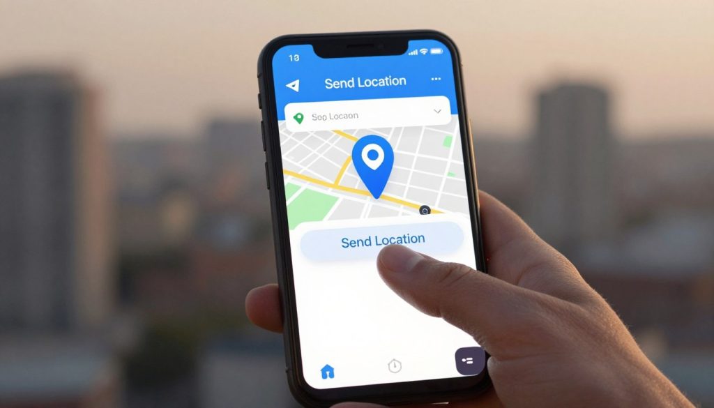 A smartphone displaying the Telegram app interface, prominently featuring the location sharing function. In the foreground, a hand reaches out to tap the "Send Location" button, with the screen glowing softly. The middle ground includes a clear view of the device, capturing the vibrant app colors and an illustrated map with a pin dropped on a specific point, emphasizing precision and clarity. The background showcases a subtle blurred cityscape, enhancing the urban setting while remaining out of focus. The lighting is warm and inviting, casting a soft glow on the smartphone screen, creating a friendly atmosphere. The overall mood is one of connectivity and ease, highlighting the simplicity of sharing location with friends through technology. A smartphone displaying the Telegram app interface, prominently featuring the location sharing function. In the foreground, a hand reaches out to tap the "Send Location" button, with the screen glowing softly. The middle ground includes a clear view of the device, capturing the vibrant app colors and an illustrated map with a pin dropped on a specific point, emphasizing precision and clarity. The background showcases a subtle blurred cityscape, enhancing the urban setting while remaining out of focus. The lighting is warm and inviting, casting a soft glow on the smartphone screen, creating a friendly atmosphere. The overall mood is one of connectivity and ease, highlighting the simplicity of sharing location with friends through technology.