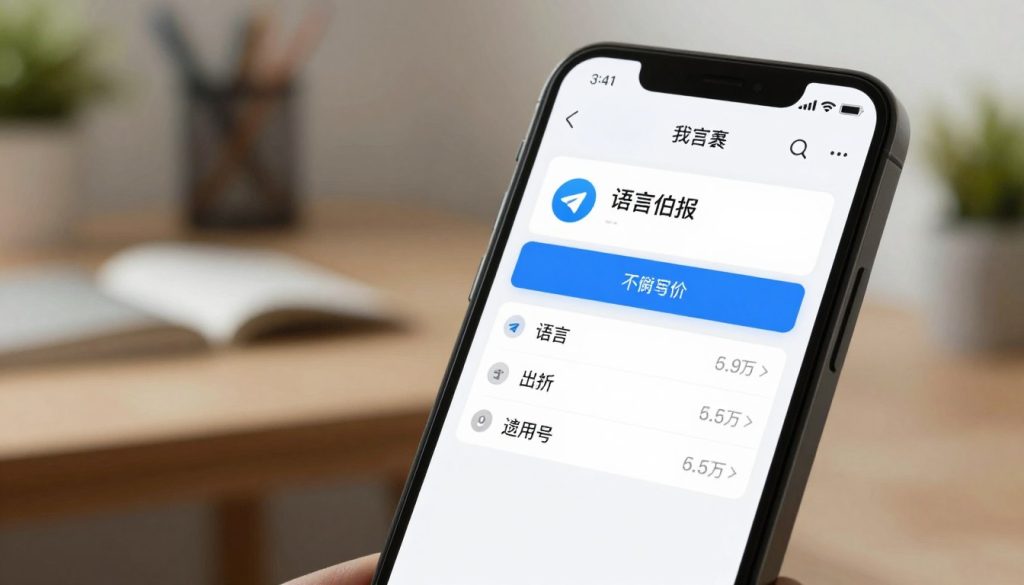 A visually appealing representation of the Telegram app's language settings in Chinese on an iOS device. In the foreground, an iPhone is prominently displayed, showcasing the Telegram interface with the Chinese language option highlighted. The middle layer features a blurred desk background, conveying a cozy, tech-savvy home office environment. Soft, natural lighting illuminates the device, creating a warm atmosphere. The camera angle is slightly tilted, focusing on the screen while capturing the elegance of the iPhone's design. The overall mood should be inviting and informative, suitable for a tech tutorial, emphasizing clarity and usability without any text or overlays. A visually appealing representation of the Telegram app's language settings in Chinese on an iOS device. In the foreground, an iPhone is prominently displayed, showcasing the Telegram interface with the Chinese language option highlighted. The middle layer features a blurred desk background, conveying a cozy, tech-savvy home office environment. Soft, natural lighting illuminates the device, creating a warm atmosphere. The camera angle is slightly tilted, focusing on the screen while capturing the elegance of the iPhone's design. The overall mood should be inviting and informative, suitable for a tech tutorial, emphasizing clarity and usability without any text or overlays.