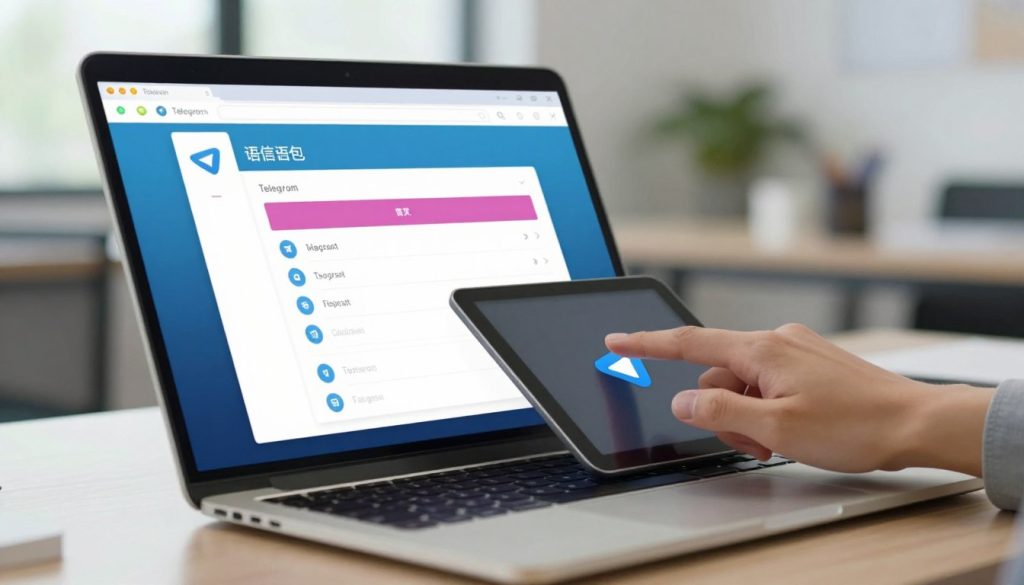 A visually engaging and informative scene depicting a tutorial on setting up the Chinese language pack in Telegram. In the foreground, feature a sleek laptop displaying the Telegram interface with the language settings section highlighted, showcasing vibrant colors and clear icons. In the middle ground, an illustrated hand interacts with the touchpad, symbolizing user engagement, while in the background, a blurred office environment suggests a professional space, with soft, natural lighting filtering through a window. The overall atmosphere should be focused and educational, conveying a sense of clarity and ease in the language installation process. The image should maintain a clean and modern aesthetic, without any text or overlay distractions. A visually engaging and informative scene depicting a tutorial on setting up the Chinese language pack in Telegram. In the foreground, feature a sleek laptop displaying the Telegram interface with the language settings section highlighted, showcasing vibrant colors and clear icons. In the middle ground, an illustrated hand interacts with the touchpad, symbolizing user engagement, while in the background, a blurred office environment suggests a professional space, with soft, natural lighting filtering through a window. The overall atmosphere should be focused and educational, conveying a sense of clarity and ease in the language installation process. The image should maintain a clean and modern aesthetic, without any text or overlay distractions.