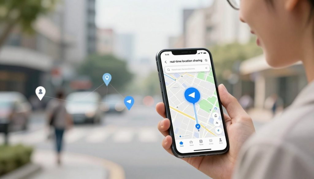 A visually engaging illustration depicting the concept of "real-time location sharing" on Telegram. In the foreground, show a smartphone with the Telegram app open, displaying a clear map interface with a bright blue dot indicating the user's location. The device should be held by a person, dressed in smart casual clothing, smiling as they interact with the app. In the middle ground, include subtle representations of various map icons like pins or routes that hint at user connections. The background should feature a scenic urban environment, with soft natural lighting creating a friendly and inviting atmosphere, emphasizing the importance of connection and communication. Use a wide-angle perspective to capture the essence of navigating and sharing locations efficiently. A visually engaging illustration depicting the concept of "real-time location sharing" on Telegram. In the foreground, show a smartphone with the Telegram app open, displaying a clear map interface with a bright blue dot indicating the user's location. The device should be held by a person, dressed in smart casual clothing, smiling as they interact with the app. In the middle ground, include subtle representations of various map icons like pins or routes that hint at user connections. The background should feature a scenic urban environment, with soft natural lighting creating a friendly and inviting atmosphere, emphasizing the importance of connection and communication. Use a wide-angle perspective to capture the essence of navigating and sharing locations efficiently.